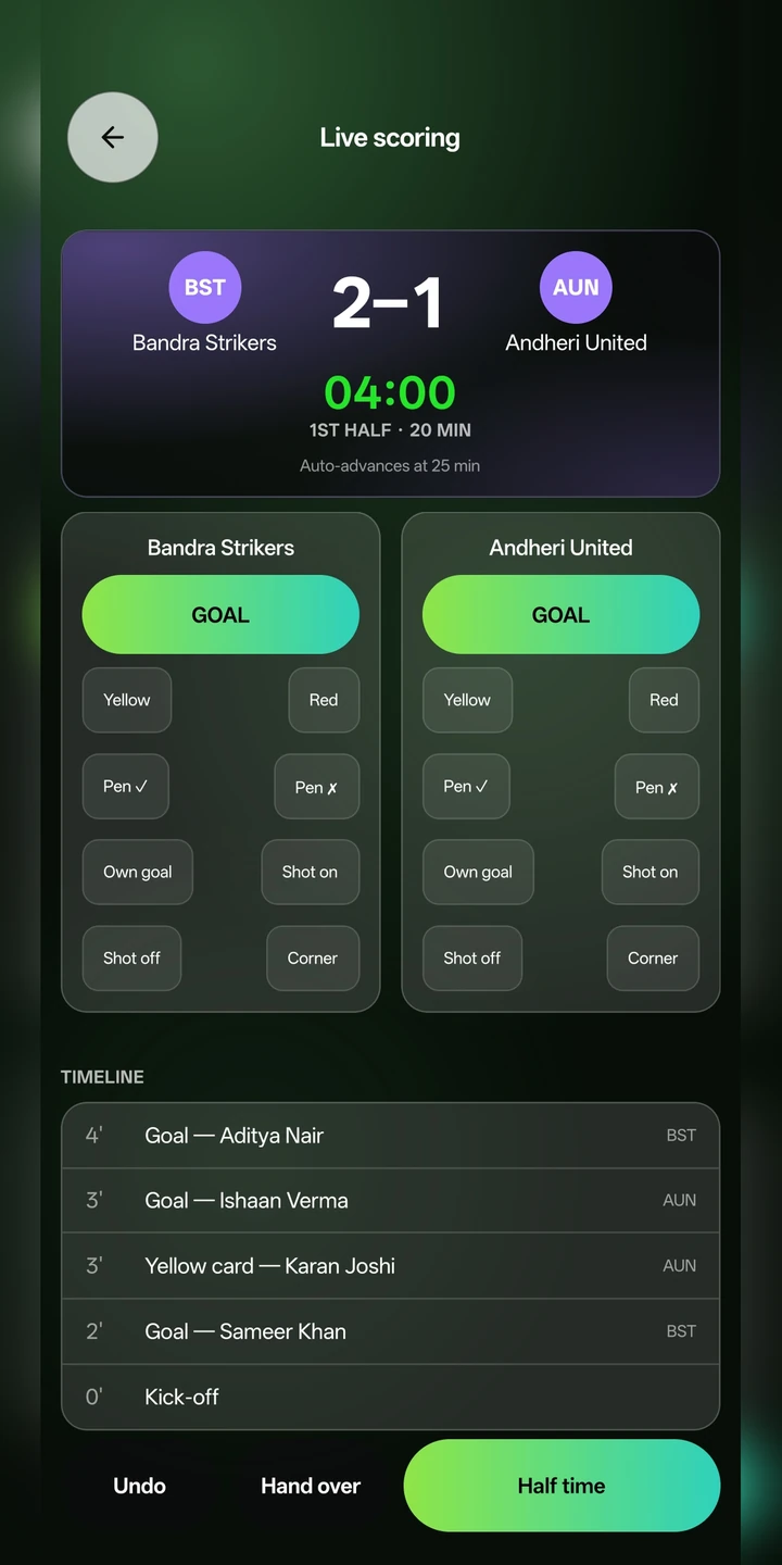 Live scoring screen showing a 2-1 match