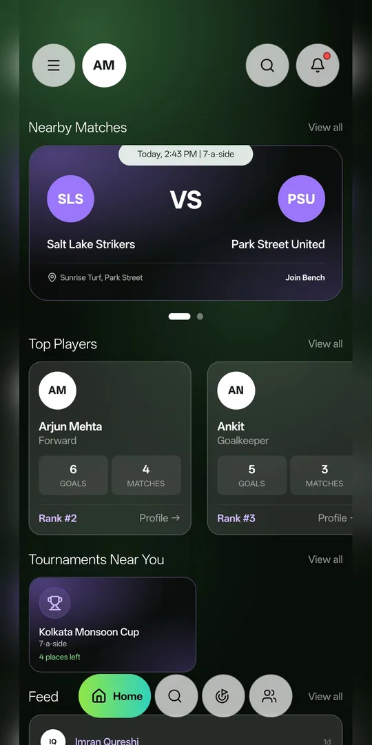 Home screen with nearby matches, top players and tournaments