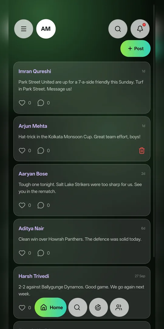 Community feed with match posts
